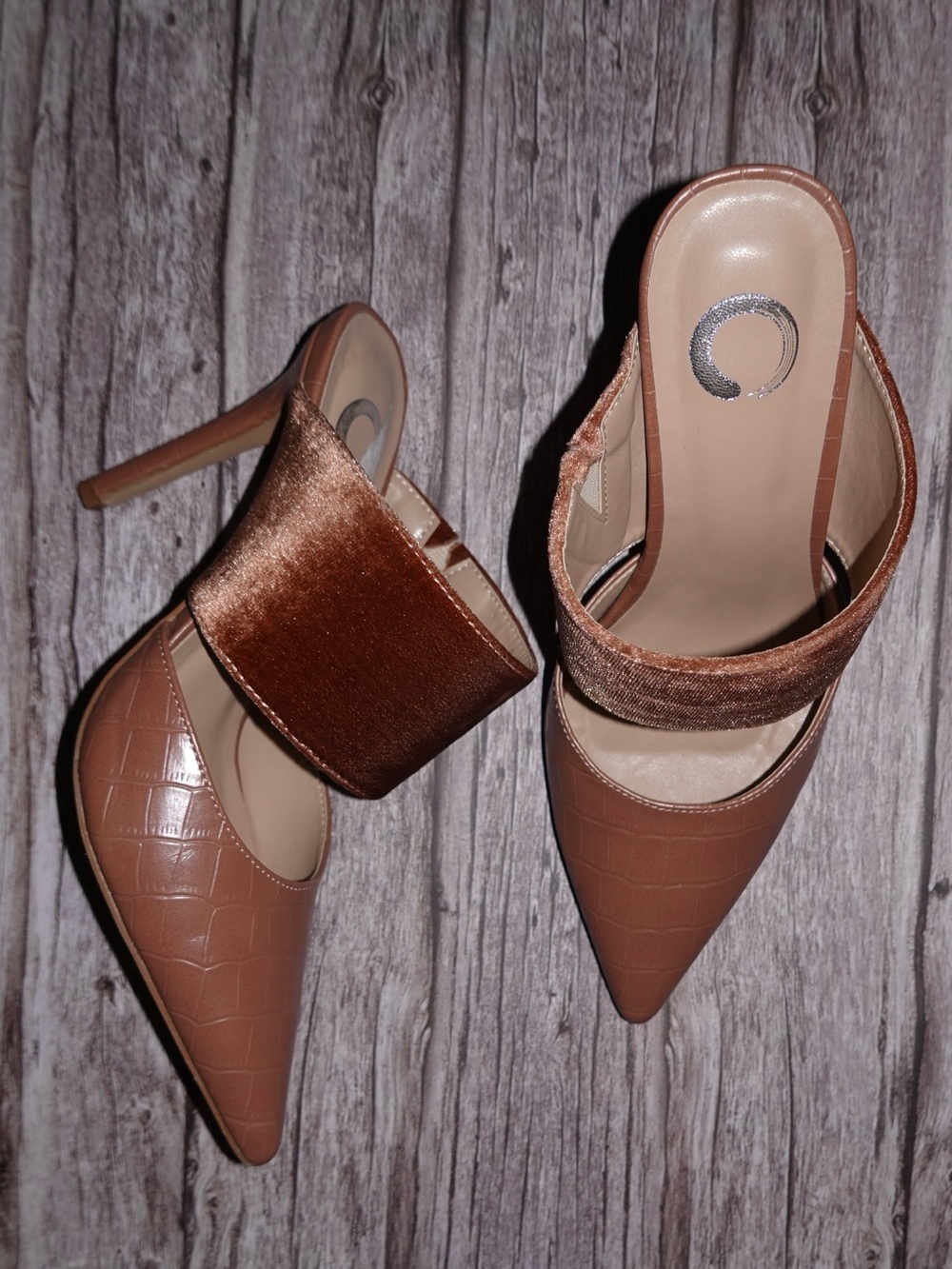 Pointed Toe Slip-On Mules in Brown with Velvet Strap